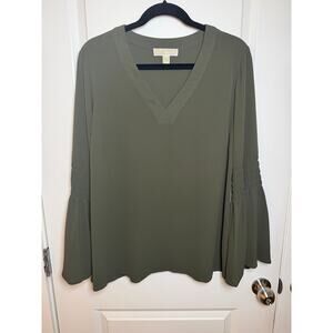 Michael KORS Olive Green Bell Sleeve V-Neck Blouse - Size L Boho Chic